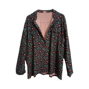 Layerz Snap Botton Up Long Sleeve Shirt Women's 2XL Green Pink Leopard Print